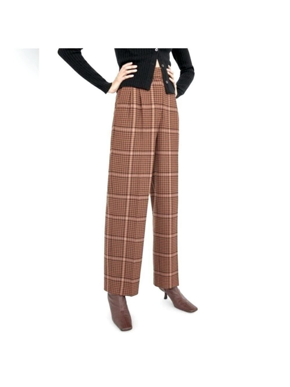 Aritzia Wilfred Effortless Plaid Pleated Trouser Pants Wide Leg Brown Tan Size 4